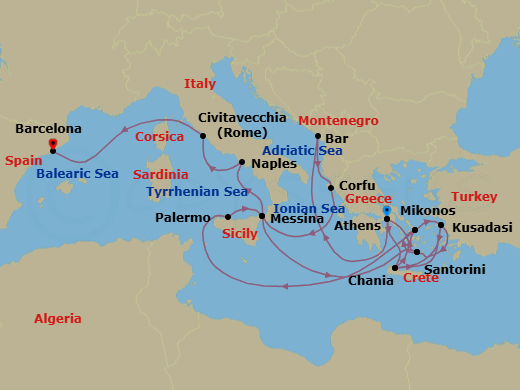 21 Night - The Best of the Mediterranean - Sun Princess - Starting in Athens (Piraeus), Greece, Montenegro, Corfu, Greece, Sicily (Messina), Italy, Santorini, Greece, Mykonos, Greece, Kusadasi, Turkey (for Ephesus), Crete (Chania), Greece, Athens (Piraeus), Greece, Crete (Chania), Greece, Kusadasi, Turkey (for Ephesus), Santorini, Greece, Mykonos, Greece, Sicily (Palermo), Italy, Sicily (Messina), Italy, Naples, Italy (for Capri and Pompeii), Civitavecchia (for Rome), Italy, Barcelona, Spain itinerary map