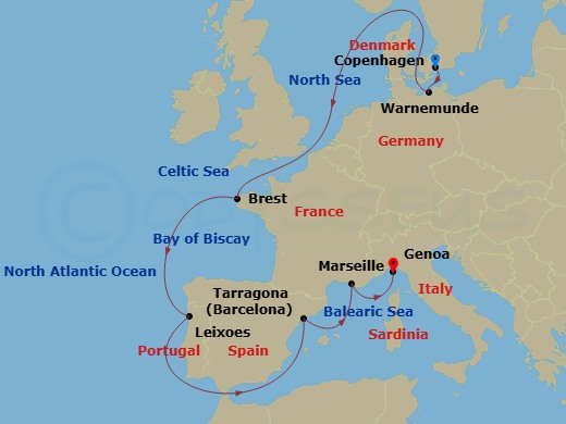 11 Night - Northern Europe - MSC Magnifica - Starting in Copenhagen, Denmark, Warnemunde (Berlin), Germany, Brest, France, Leixoes (Porto), Portugal, Tarragona, Spain, Marseille (Provence), France, Genoa (Portofino), Italy itinerary map