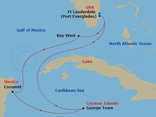 6 Night - Key West, Cayman & Mexico - Celebrity Silhouette - Starting in Fort Lauderdale, Florida, Key West, Florida, Cozumel, Mexico, George Town, Grand Cayman, Fort Lauderdale, Florida itinerary map