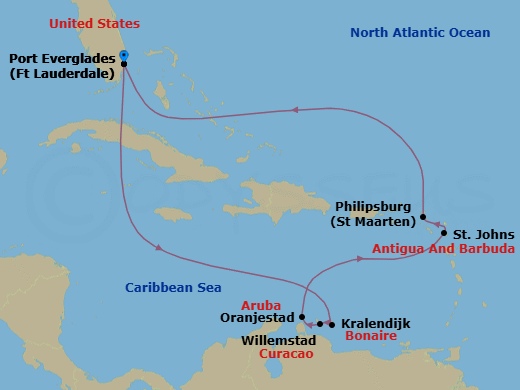 11 Night - Southern Caribbean Holiday - Celebrity Silhouette - Starting in Fort Lauderdale, Florida, Kralendijk, Bonaire, Willemstad AN, Curacao, Oranjestad, Aruba, St Johns AG, Antigua, Philipsburg, St Maarten, Fort Lauderdale, Florida itinerary map