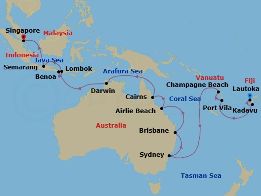 29 Night - Asia and Asia Pacific from Lautoka to Singapore - Silver Dawn - Starting in Lautoka, Kadavu Island, Port Vila, Champagne Beach, Sydney AU, Brisbane, Airlie Beach, Cairns, Darwin, Benoa, Lembar / Lombok, Semarang, Singapore itinerary map