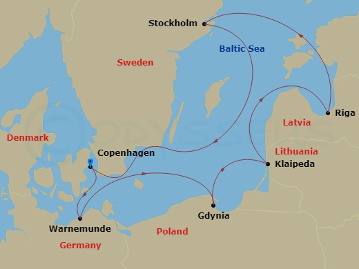 7 Night - Northern Europe - MSC Magnifica - Starting in Copenhagen, Denmark, Warnemunde (Berlin), Germany, Gdynia (Gdansk), Poland, Klaipeda, Lithuania, Riga, Latvia, Stockholm, Sweden, Copenhagen, Denmark itinerary map