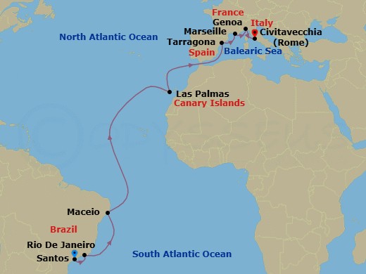 17 Night - Msc Grand Voyages - MSC Musica - Starting in Santos (Sao Paulo), Brazil, Rio De Janeiro, Brazil, Maceio, Brazil, Las Palmas de Gran Canaria (Canary Islands), Spain, Tarragona, Spain, Marseille (Provence), France, Genoa (Portofino), Italy, Civitavecchia (Rome), Italy itinerary map