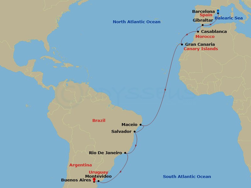 18 Night - Msc Grand Voyages - MSC Splendida - Starting in Barcelona, Spain, Gibraltar, Casablanca (Marrakesh), Morocco, Las Palmas de Gran Canaria (Canary Islands), Spain, Maceio, Brazil, Salvador, Brazil, Rio De Janeiro, Brazil, Montevideo, Uruguay, Buenos Aires, Argentina itinerary map