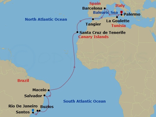 20 Night - Msc Grand Voyages - MSC Virtuosa - Starting in Santos (Sao Paulo), Brazil, Rio De Janeiro, Brazil, Buzios, Brazil, Salvador, Brazil, Maceio, Brazil, Santa Cruz de Tenerife, Tangier (Tetouan), Morocco, Barcelona, Spain, La Goulette, Tunisia, Palermo (Monreale), Italy itinerary map