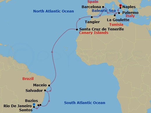 21 Night - Msc Grand Voyages - MSC Virtuosa - Starting in Santos (Sao Paulo), Brazil, Rio De Janeiro, Brazil, Buzios, Brazil, Salvador, Brazil, Maceio, Brazil, Santa Cruz de Tenerife, Tangier (Tetouan), Morocco, Barcelona, Spain, La Goulette, Tunisia, Palermo (Monreale), Italy, Naples (Pompeii), Italy itinerary map