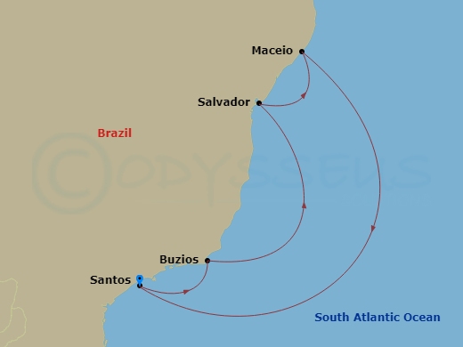 7 Night - South America - MSC Virtuosa - Starting in Santos (Sao Paulo), Brazil, Buzios, Brazil, Salvador Da Bahia, Brazil, Maceio, Brazil, Santos (Sao Paulo), Brazil itinerary map
