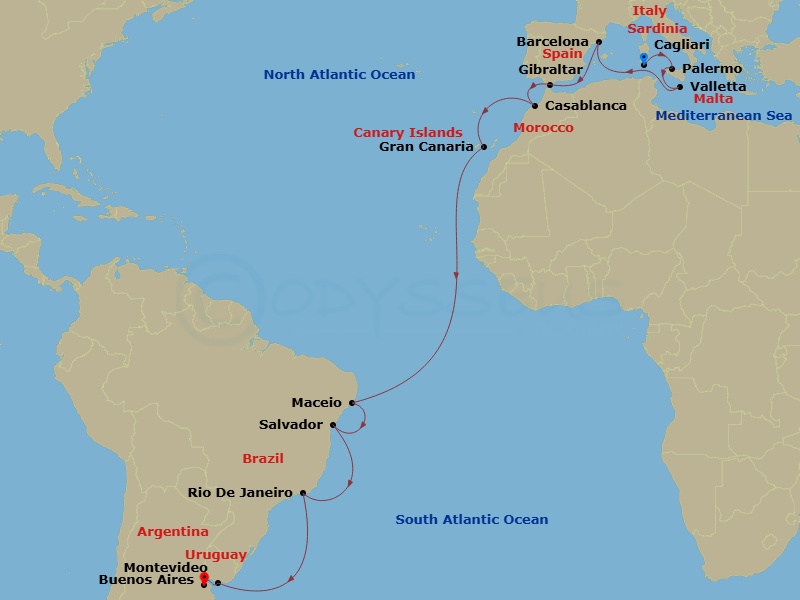 22 Night - Msc Grand Voyages - MSC Splendida - Starting in Cagliari (Sardinia), Italy, Palermo (Monreale), Italy, Valletta, Malta, Barcelona, Spain, Gibraltar, Casablanca (Marrakesh), Morocco, Las Palmas de Gran Canaria (Canary Islands), Spain, Maceio, Brazil, Salvador, Brazil, Rio De Janeiro, Brazil, Montevideo, Uruguay, Buenos Aires, Argentina itinerary map