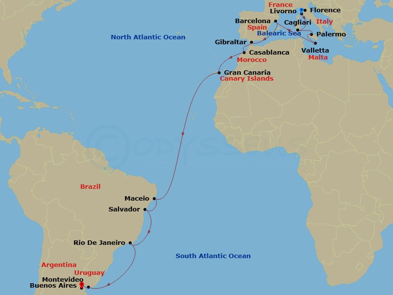 23 Night - Msc Grand Voyages - MSC Splendida - Starting in Livorno (Florence), Italy, Cagliari (Sardinia), Italy, Palermo (Monreale), Italy, Valletta, Malta, Barcelona, Spain, Gibraltar, Casablanca (Marrakesh), Morocco, Las Palmas de Gran Canaria (Canary Islands), Spain, Maceio, Brazil, Salvador, Brazil, Rio De Janeiro, Brazil, Montevideo, Uruguay, Buenos Aires, Argentina itinerary map