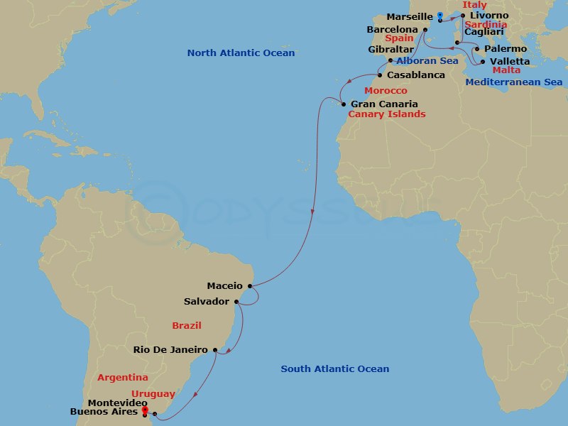 24 Night - Msc Grand Voyages - MSC Splendida - Starting in Marseille (Provence), France, Livorno (Florence), Italy, Cagliari (Sardinia), Italy, Palermo (Monreale), Italy, Valletta, Malta, Barcelona, Spain, Gibraltar, Casablanca (Marrakesh), Morocco, Las Palmas de Gran Canaria (Canary Islands), Spain, Maceio, Brazil, Salvador, Brazil, Rio De Janeiro, Brazil, Montevideo, Uruguay, Buenos Aires, Argentina itinerary map