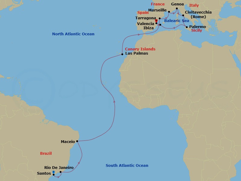 21 Night - Msc Grand Voyages - MSC Musica - Starting in Santos (Sao Paulo), Brazil, Rio De Janeiro, Brazil, Maceio, Brazil, Las Palmas de Gran Canaria (Canary Islands), Spain, Tarragona, Spain, Marseille (Provence), France, Genoa (Portofino), Italy, Civitavecchia (Rome), Italy, Palermo (Monreale), Italy, Ibiza (Balearic Islands), Spain, Valencia, Spain itinerary map