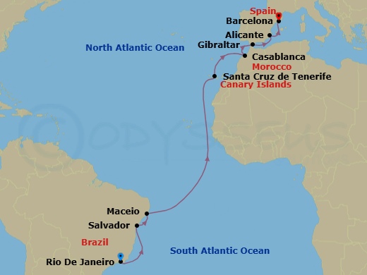 15 Night - Msc Grand Voyages - MSC Divina - Starting in Rio De Janeiro, Brazil, Salvador, Brazil, Maceio, Brazil, Santa Cruz de Tenerife, Casablanca (Marrakesh), Morocco, Gibraltar, Alicante, Spain, Barcelona, Spain itinerary map