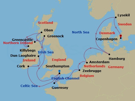 17 Night - An Extended Journey of Gaelic Culture & Artistic Vibrance - EXPLORA IV - Starting in Southampton, Cork, Dun Laoghaire, Greencastle (County Donegal), Killybegs (County Donegal), Oban UK, Glasgow (Greenock), Southampton, Guernsey / St Peter Port, Bruges (Zeebrugge), Amsterdam, Hamburg, Lysekil (Gotland), Copenhagen itinerary map