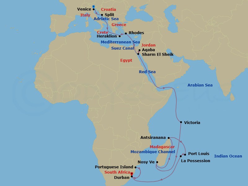 29 Night - Msc Grand Voyages - MSC Armonia - Starting in Venice / Marghera, Italy, Split, Croatia, Heraklion (Crete), Greece, Rhodes (Lindos), Greece, Suez Canal (Transit), Egypt, Aqaba (Petra), Jordan, Sharm El-Sheikh, Egypt, Port Victoria, Seychelles, Nosy Be, Madagascar, Antsiranana (Diego Suarez), Madagascar, Port Louis, Mauritius, La Possession, Reunion, Durban, South Africa, Portuguese Island (Inhaca Archipelago), Mozambique, Durban, South Africa itinerary map
