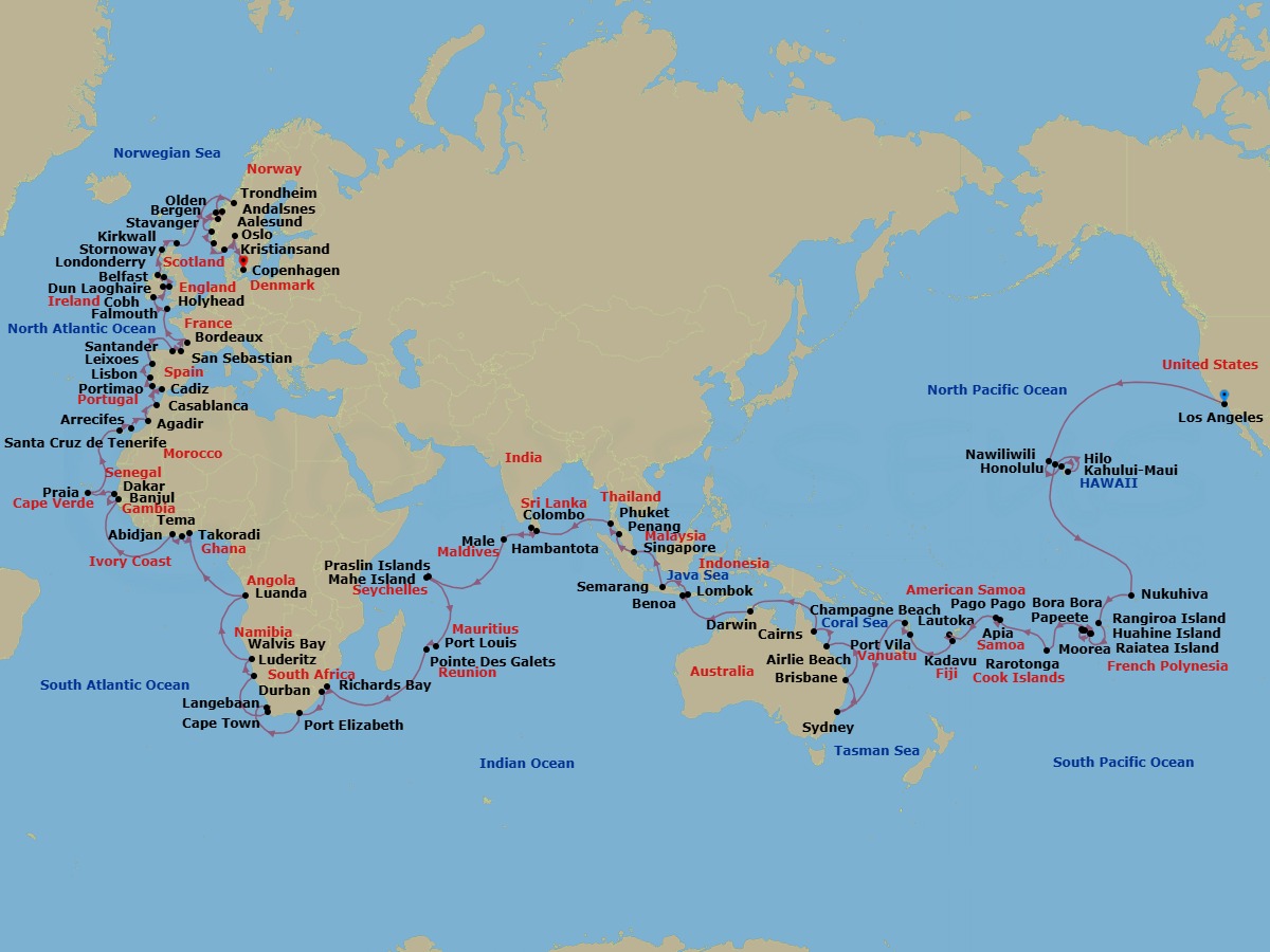 149 Night - Europe from Los Angeles to Copenhagen - Silver Dawn - Starting in Los Angeles, Nawiliwili, Kahului, Hilo, Honolulu, Nuku Hiva, Rangiroa, Moorea Island, Raiatea, Papeete, Bora Bora, Huahine, Rarotonga, Pago Pago, Date Line lose a day, Apia, Lautoka, Kadavu Island, Port Vila, Champagne Beach, Sydney AU, Brisbane, Airlie Beach, Cairns, Darwin, Benoa, Lembar / Lombok, Semarang, Singapore, Penang, Phuket, Hambantota, Colombo, Male, Praslin, Mahe, Port Louis, Pointe Des Galets, Richards Bay, Durban, Port Elizabeth ZA, Langebaan, Cape Town, Luderitz, Walvis Bay, Luanda, Tema, Takoradi, Abidjan, Banjul, Dakar, Praia, Santa Cruz de Tenerife, Arrecife, Agadir, Casablanca, Cadiz, Portimao, Lisbon, Oporto, Santander, San Sebastian, Bordeaux, Falmouth, Cobh, Dublin, Holyhead, Belfast, Greencastle, Stornoway, Kirkwall, Trondheim, Andalsnes, Alesund, Olden, Bergen, Stavanger, Kristiansand, Oslo itinerary map