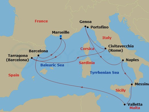 10 Night - Mediterranean - MSC Magnifica - Starting in Marseille (Provence), France, Tarragona, Spain, Civitavecchia (Rome), Italy, Genoa (Portofino), Italy, Naples (Pompeii), Italy, Messina (Taormina), Italy, Valletta, Malta, Barcelona, Spain, Marseille (Provence), France itinerary map