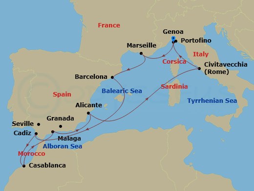 10 Night - Mediterranean - MSC Magnifica - Starting in Genoa (Portofino), Italy, Marseille (Provence), France, Barcelona, Spain, Cadiz (Seville), Spain, Casablanca (Marrakesh), Morocco, Malaga (Granada), Spain, Alicante, Spain, Civitavecchia (Rome), Italy, Genoa (Portofino), Italy itinerary map