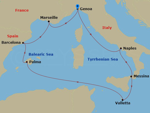 7 Night - Mediterranean - MSC Magnifica - Starting in Genoa (Portofino), Italy, Naples (Pompeii), Italy, Messina (Taormina), Italy, Valletta, Malta, Barcelona, Spain, Marseille (Provence), France, Genoa (Portofino), Italy itinerary map