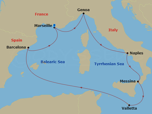 7 Night - Mediterranean - MSC Magnifica - Starting in Marseille (Provence), France, Genoa (Portofino), Italy, Naples (Pompeii), Italy, Messina (Taormina), Italy, Valletta, Malta, Barcelona, Spain, Marseille (Provence), France itinerary map