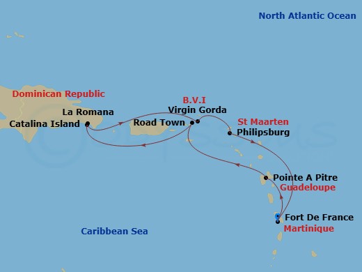 7 Night - South Caribbean - MSC Opera - Starting in Fort-de-France, Martinique, Pointe-A-Pitre, Guadeloupe, Road Town (Tortola), British Virgin Islands, La Romana, Dominican Republic, Catalina Island, Dominican Republic, Virgin Gorda, British Virgin Islands, Philipsburg, St Maarten, Fort-de-France, Martinique itinerary map
