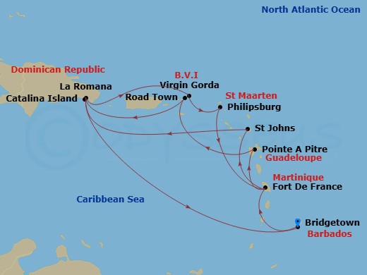 14 Night - South Caribbean - MSC Opera - Starting in Bridgetown, Barbados, Fort-de-France, Martinique, Pointe-A-Pitre, Guadeloupe, Road Town (Tortola), British Virgin Islands, La Romana, Dominican Republic, Catalina Island, Dominican Republic, Virgin Gorda, British Virgin Islands, Philipsburg, St Maarten, Fort-de-France, Martinique, St Johns AG, Antigua, La Romana, Dominican Republic, Catalina Island, Dominican Republic, Bridgetown, Barbados itinerary map