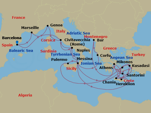 31 Night - The Best of the Mediterranean - Sun Princess - Starting in Barcelona, Spain, Marseille (Provence), France, Genoa (for Cinque Terre), Italy, Civitavecchia (for Rome), Italy, Naples, Italy (for Capri and Pompeii), Crete (Heraklion), Greece, Santorini, Greece, Kusadasi, Turkey (for Ephesus), Mykonos, Greece, Athens (Piraeus), Greece, Montenegro, Corfu, Greece, Sicily (Messina), Italy, Santorini, Greece, Mykonos, Greece, Kusadasi, Turkey (for Ephesus), Crete (Chania), Greece, Athens (Piraeus), Greece, Crete (Chania), Greece, Kusadasi, Turkey (for Ephesus), Santorini, Greece, Mykonos, Greece, Sicily (Palermo), Italy, Sicily (Messina), Italy, Naples, Italy (for Capri and Pompeii), Civitavecchia (for Rome), Italy, Barcelona, Spain itinerary map