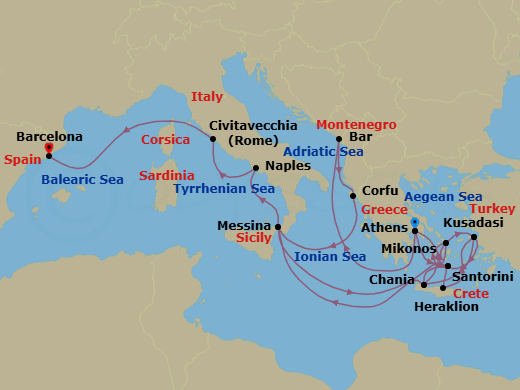 21 Night - The Best of the Mediterranean - Sun Princess - Starting in Athens (Piraeus), Greece, Montenegro, Corfu, Greece, Sicily (Messina), Italy, Santorini, Greece, Mykonos, Greece, Kusadasi, Turkey (for Ephesus), Crete (Chania), Greece, Athens (Piraeus), Greece, Crete (Heraklion), Greece, Kusadasi, Turkey (for Ephesus), Santorini, Greece, Mykonos, Greece, Crete (Chania), Greece, Sicily (Messina), Italy, Naples, Italy (for Capri and Pompeii), Civitavecchia (for Rome), Italy, Barcelona, Spain itinerary map