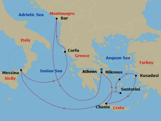 10 Night - Mediterranean with Greek Isles - Sun Princess - Starting in Athens (Piraeus), Greece, Montenegro, Corfu, Greece, Sicily (Messina), Italy, Santorini, Greece, Mykonos, Greece, Kusadasi, Turkey (for Ephesus), Crete (Chania), Greece, Athens (Piraeus), Greece itinerary map