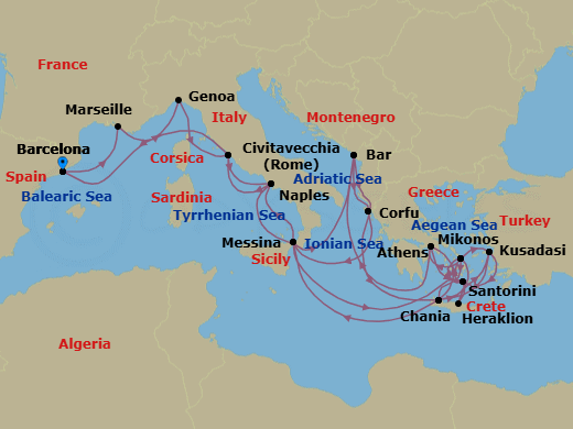 32 Night - The Best of the Mediterranean - Sun Princess - Starting in Barcelona, Spain, Marseille (Provence), France, Genoa (for Cinque Terre), Italy, Civitavecchia (for Rome), Italy, Naples, Italy (for Capri and Pompeii), Montenegro, Corfu, Greece, Crete (Chania), Greece, Mykonos, Greece, Athens (Piraeus), Greece, Montenegro, Corfu, Greece, Sicily (Messina), Italy, Santorini, Greece, Mykonos, Greece, Kusadasi, Turkey (for Ephesus), Crete (Chania), Greece, Athens (Piraeus), Greece, Crete (Heraklion), Greece, Kusadasi, Turkey (for Ephesus), Santorini, Greece, Mykonos, Greece, Crete (Chania), Greece, Sicily (Messina), Italy, Naples, Italy (for Capri and Pompeii), Civitavecchia (for Rome), Italy, Barcelona, Spain itinerary map