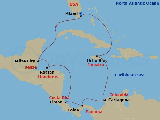 11 Night - Caribbean and Antilles - MSC Poesia - Starting in Miami, Ocho Rios, Jamaica, Cartagena CO, Colon, Panama, Puerto Limon, Costa Rica, Roatan Island, Honduras, Belize City, Belize, Miami itinerary map