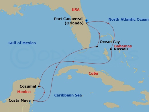 7 Night - Caribbean and Antilles - MSC Seashore - Starting in Port Canaveral (Orlando), Nassau, Bahamas, Cozumel, Mexico, Costa Maya, Mexico, Ocean Cay Msc Marine Reserve, Bahamas, Port Canaveral (Orlando) itinerary map