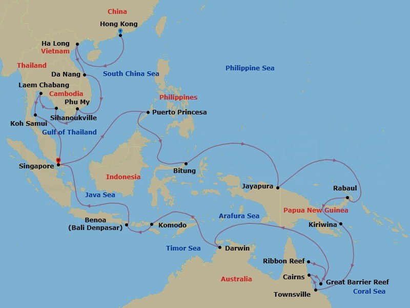 42 Night - Far East Holiday, Coral Triangle & Great Barrier Reef - Westerdam - Starting in Hong Kong, China, Halong Bay, Vietnam, Da Nang (Hue), Vietnam, Phu My, Vietnam, Sihanoukville, Cambodia, Laem Chabang (Bangkok), Thailand, Nathon (Koh Samui), Thailand, Singapore, Puerto Princesa, Philippines, Bitung, Sulawesi, Indonesia, Jayapura, Indonesia, Rabaul, Papua New Guinea, Kiriwina Island, Papua New Guinea, Townsville, Australia, Cairns, Australia, At Sea (Great Barrier Reef), The Ribbon Reef Region, At Sea (Great Barrier Reef), The Far North Region, Scenic Cruising Torres Strait, Darwin, Australia, Scenic cruising Batu Tara Volcano, Slawi Bay, Komodo Island, Indonesia, Benoa (Denpasar), Bali, Indonesia, Scenic cruising Krakatau Volcano, Singapore itinerary map