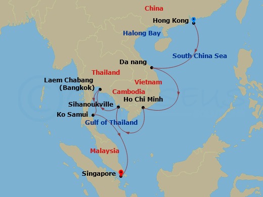 14 Night - Far East Discovery Holiday - Westerdam - Starting in Hong Kong, China, Halong Bay, Vietnam, Da Nang (Hue), Vietnam, Phu My, Vietnam, Sihanoukville, Cambodia, Laem Chabang (Bangkok), Thailand, Nathon (Koh Samui), Thailand, Singapore itinerary map