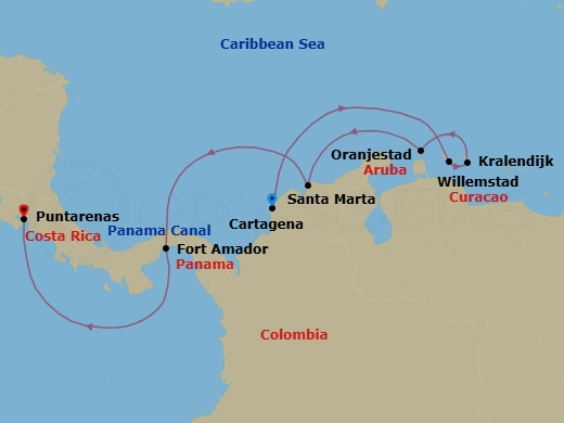 10 Night - The Americas & Caribbean - Crystal Serenity - Starting in Cartagena CO, Willemstad AN, Kralendijk, Oranjestad, Aruba, Santa Marta, Panama Canal Transit, Fuerte Amador (Panama City), Puntarenas itinerary map