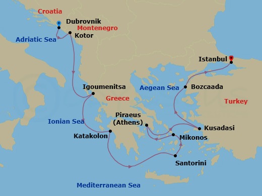 10 Night - Bridge to the Bosphorus - Oceania Regatta - Starting in Dubrovnik, Croatia, Kotor, Igoumenitsa, Katakolon, Santorini, Mykonos, Athens (Piraeus), Ephesus (Kusadasi), Bozcaada (Troy), Istanbul itinerary map