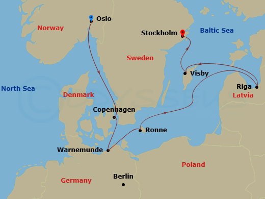 6 Night - Northern Europe - MSC Magnifica - Starting in Oslo, Norway, Copenhagen, Denmark, Warnemunde (Berlin), Germany, Ronne, Denmark, Riga, Latvia, Visby, Sweden, Stockholm, Sweden itinerary map