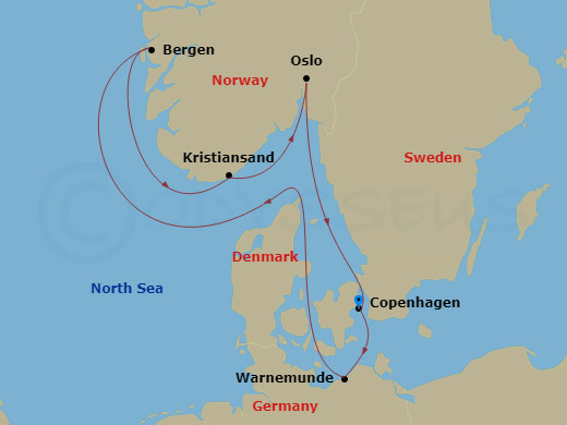 7 Night - Northern Europe - MSC Magnifica - Starting in Copenhagen, Denmark, Warnemunde (Berlin), Germany, Bergen, Norway, Eidfjord, Norway, Kristiansand, Norway, Oslo, Norway, Copenhagen, Denmark itinerary map