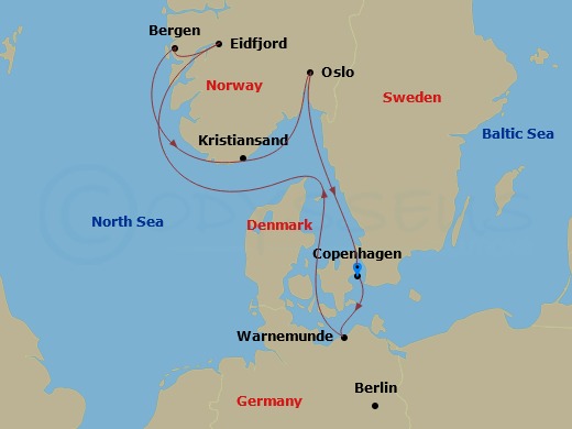 7 Night - Northern Europe - MSC Magnifica - Starting in Copenhagen, Denmark, Warnemunde (Berlin), Germany, Eidfjord, Norway, Bergen, Norway, Kristiansand, Norway, Oslo, Norway, Copenhagen, Denmark itinerary map