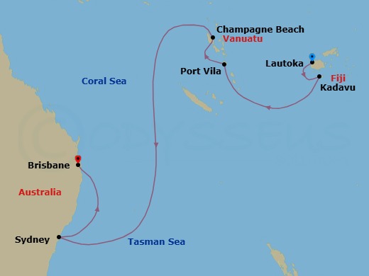 11 Night - Lautoka to Brisbane - Silver Dawn - Starting in Lautoka, Kadavu Island, Port Vila, Champagne Beach, Sydney AU, Brisbane itinerary map