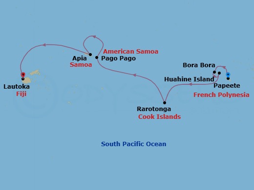 11 Night - Papeete to Lautoka - Silver Dawn - Starting in Papeete (Tahiti), Bora Bora (Society Islands), Huahine, Rarotonga, Pago Pago, Date Line lose a day, Apia itinerary map