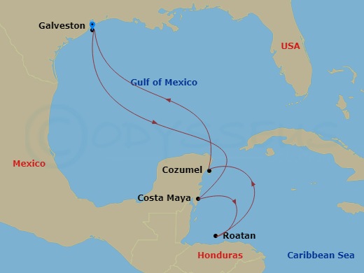 7 Night - Caribbean and Antilles - MSC Seascape - Starting in Galveston, Costa Maya, Mexico, Roatan Island, Honduras, Cozumel, Mexico, Galveston itinerary map