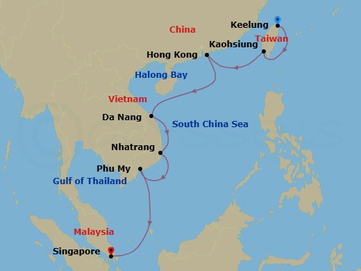 11 Night - A Journey of Urban Beauty, Golden Beaches & Cultural Treasures - EXPLORA III - Starting in Taipei / Keelung, Kaohsiung, Hong Kong, Da Nang, Nha Trang, Phu My, Singapore itinerary map