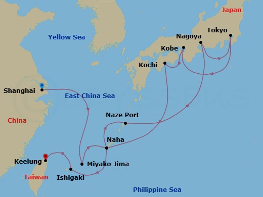 15 Night - A Journey of Natural Grandeur & Cultural Riches - EXPLORA III - Starting in Shanghai, Miyako Jima, Naha, Okinawa, Naze (Amami Islands), Nagoya, Aichi, Tokyo, Kobe, Kochi, Naha, Okinawa, Ishigaki Island, Taipei / Keelung itinerary map