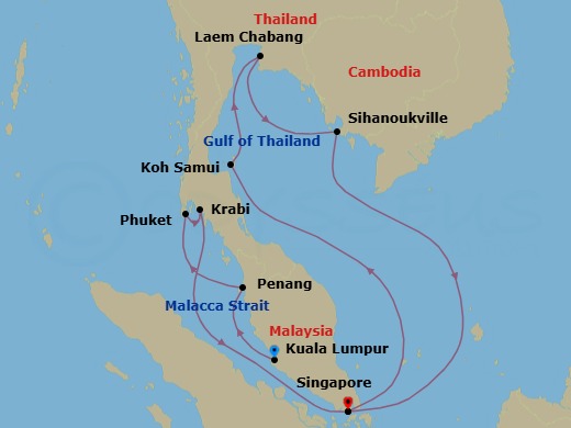 12 Night - A Journey from Heritage Cities to Unspoilt Shorelines - EXPLORA III - Starting in Port Kelang (for Kuala Lumpur), Penang (Georgetown), Phuket, Krabi, Singapore, Koh Samui, Bangkok / Laem Chabang, Sihanoukville, Singapore itinerary map