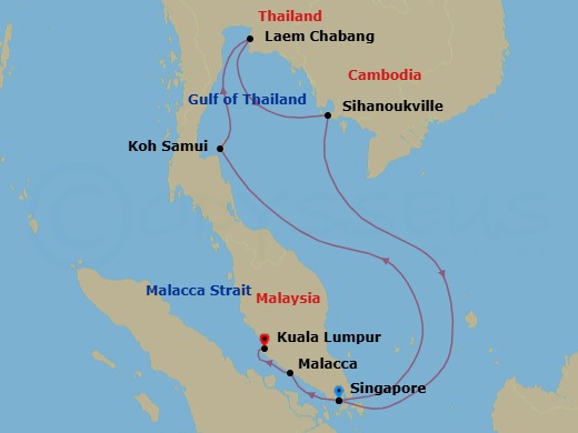 9 Night - A Journey Through Asia's Cultural Gems & Scenic Marvels - EXPLORA III - Starting in Singapore, Koh Samui, Bangkok / Laem Chabang, Sihanoukville, Singapore, Malacca, Port Kelang (for Kuala Lumpur) itinerary map