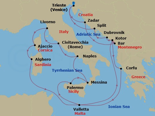 21 Night - The Best of the Mediterranean - Enchanted Princess - Starting in Trieste (for Venice), Italy, Zadar, Croatia, Montenegro, Kotor, Montenegro, Corfu, Greece, Valletta, Malta, Sicily (Palermo), Italy, Sicily (Messina), Italy, Naples, Italy (for Capri and Pompeii), Civitavecchia (for Rome), Italy, Livorno (for Florence / Pisa), Italy, Corsica (Ajaccio), France, Sardinia (Alghero), Italy, Valletta, Malta, Kotor, Montenegro, Dubrovnik, Croatia, Split, Croatia, Trieste (for Venice), Italy itinerary map