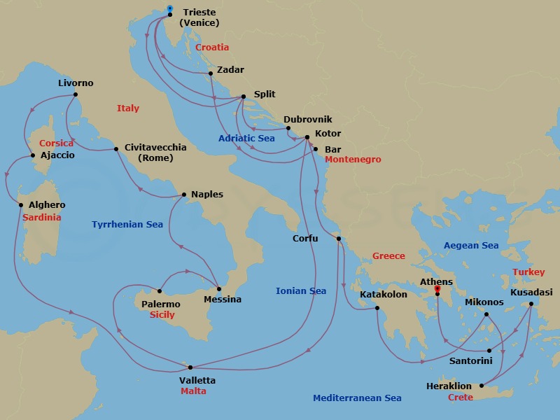 30 Night - The Best of the Mediterranean - Enchanted Princess - Starting in Trieste (for Venice), Italy, Zadar, Croatia, Montenegro, Kotor, Montenegro, Corfu, Greece, Valletta, Malta, Sicily (Palermo), Italy, Sicily (Messina), Italy, Naples, Italy (for Capri and Pompeii), Civitavecchia (for Rome), Italy, Livorno (for Florence / Pisa), Italy, Corsica (Ajaccio), France, Sardinia (Alghero), Italy, Valletta, Malta, Kotor, Montenegro, Dubrovnik, Croatia, Split, Croatia, Trieste (for Venice), Italy, Split, Croatia, Kotor, Montenegro, Corfu, Greece, Katakolon (for Olympia), Greece, Mykonos, Greece, Crete (Heraklion), Greece, Kusadasi, Turkey (for Ephesus), Santorini, Greece, Athens (Piraeus), Greece itinerary map