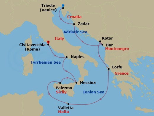11 Night - Mediterranean with Greek Isles & Italy - Enchanted Princess - Starting in Trieste (for Venice), Italy, Zadar, Croatia, Montenegro, Kotor, Montenegro, Corfu, Greece, Valletta, Malta, Sicily (Palermo), Italy, Sicily (Messina), Italy, Naples, Italy (for Capri and Pompeii), Civitavecchia (for Rome), Italy itinerary map