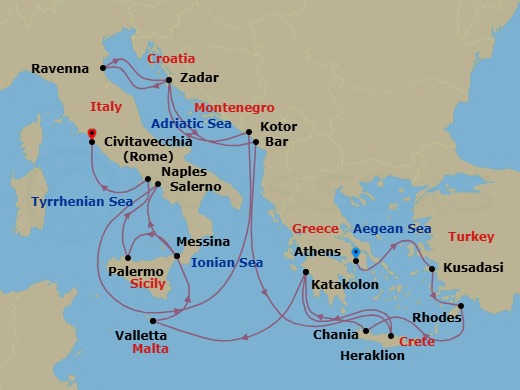 23 Night - The Best of the Mediterranean - Enchanted Princess - Starting in Athens (Piraeus), Greece, Kusadasi, Turkey (for Ephesus), Rhodes, Greece, Crete (Chania), Greece, Katakolon (for Olympia), Greece, Valletta, Malta, Sicily (Messina), Italy, Amalfi Coast (Salerno), Kotor, Montenegro, Zadar, Croatia, Ravenna, Italy, Zadar, Croatia, Montenegro, Crete (Heraklion), Greece, Katakolon (for Olympia), Greece, Valletta, Malta, Sicily (Messina), Italy, Sicily (Palermo), Italy, Naples, Italy (for Capri and Pompeii), Civitavecchia (for Rome), Italy itinerary map
