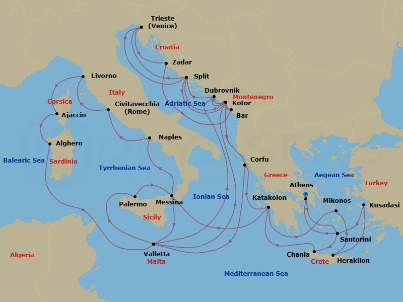 40 Night - The Best of the Mediterranean - Enchanted Princess - Starting in Athens (Piraeus), Greece, Santorini, Greece, Crete (Chania), Greece, Katakolon (for Olympia), Greece, Sicily (Messina), Italy, Valletta, Malta, Dubrovnik, Croatia, Kotor, Montenegro, Split, Croatia, Trieste (for Venice), Italy, Zadar, Croatia, Montenegro, Kotor, Montenegro, Corfu, Greece, Valletta, Malta, Sicily (Palermo), Italy, Sicily (Messina), Italy, Naples, Italy (for Capri and Pompeii), Civitavecchia (for Rome), Italy, Livorno (for Florence / Pisa), Italy, Corsica (Ajaccio), France, Sardinia (Alghero), Italy, Valletta, Malta, Kotor, Montenegro, Dubrovnik, Croatia, Split, Croatia, Trieste (for Venice), Italy, Split, Croatia, Kotor, Montenegro, Corfu, Greece, Katakolon (for Olympia), Greece, Mykonos, Greece, Crete (Heraklion), Greece, Kusadasi, Turkey (for Ephesus), Santorini, Greece, Athens (Piraeus), Greece itinerary map